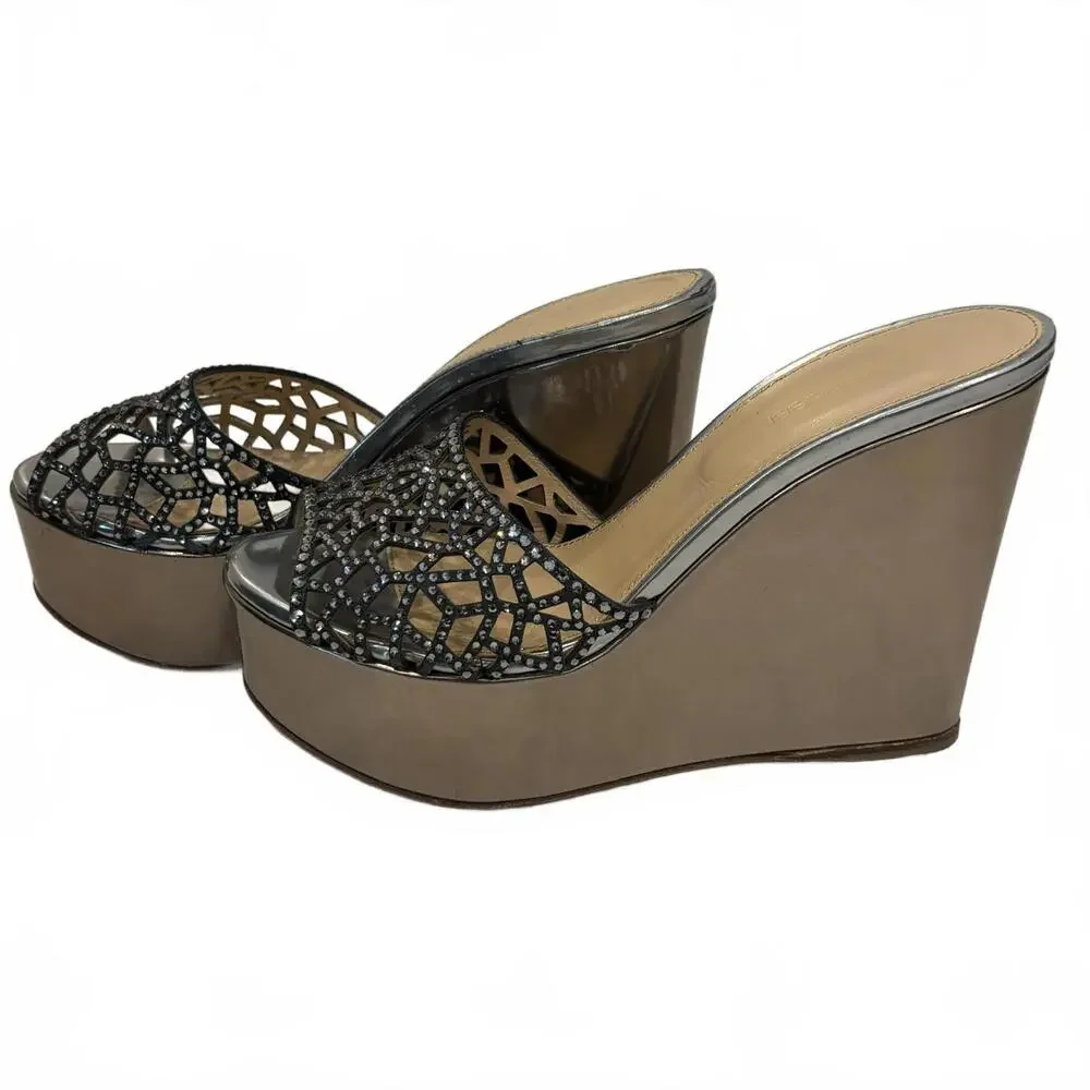 Sergio Rossi Swarovski Crystal Metallic Wedge Mules‎ Silver/Black 39.5 Italy